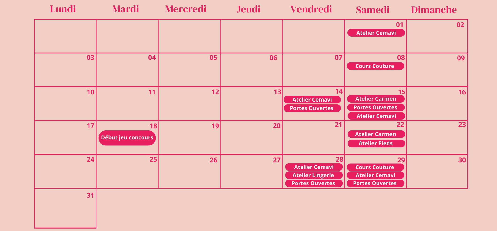 Calendrier Ateliers Mars